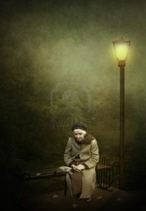 16588033-two-lonely-old-woman-a-kitten-on-a-bench-under-a-street-lamp-loneliness